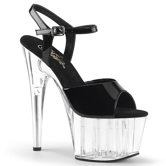 Pleaser Adore 709 7" Heel, 2 3/4" PF Ankle Strap Sandal Black/Clear - Picture 1 of 1